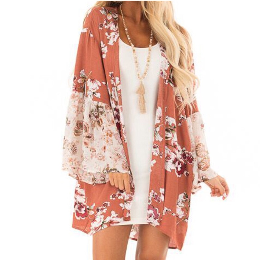 Boho Floral Blooms Rustic Orange Kimono - Picture 6 of 8